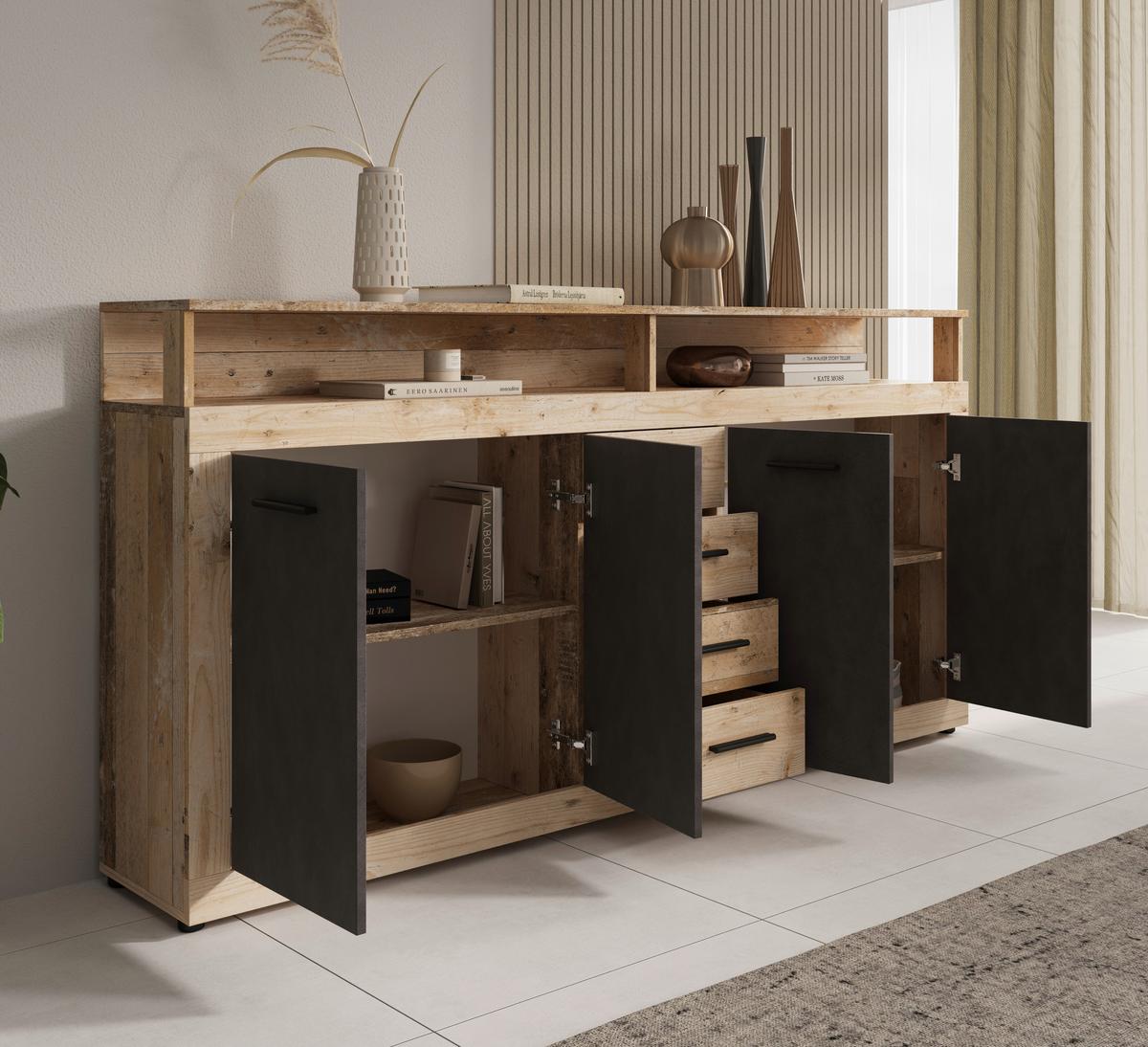 Široka Komoda Lupo, Antracit, Barva Hrasta - barve hrasta/antracit, Design, umetna masa/leseni material (190/96/32cm) - MID.YOU