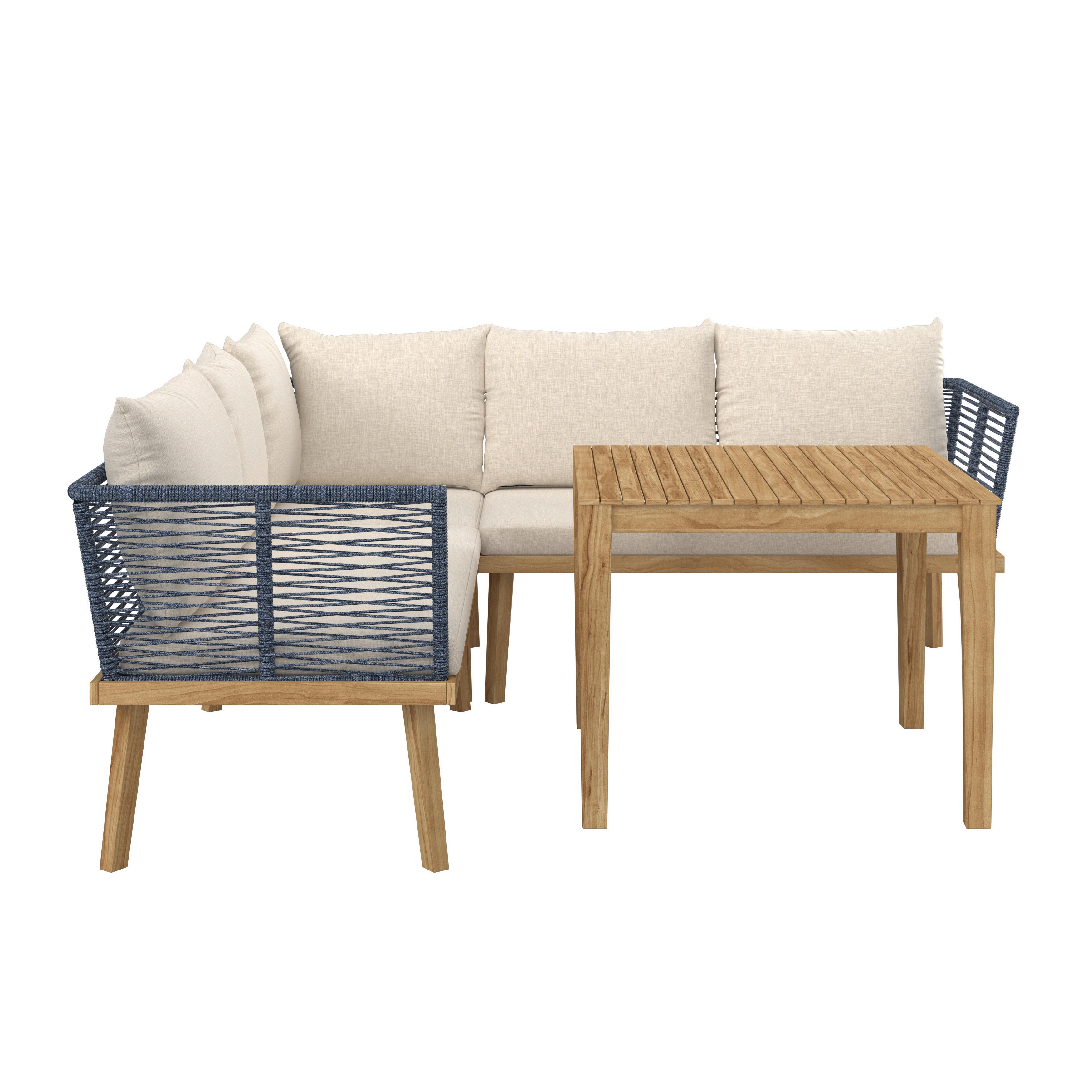 Dining-Loungeset Julina Creme Outdoorstoff/Metall +Abdeckung - Creme/Akaziefarben, MODERN, Holz/Textil (205/76/72cm) - Bessagi Garden