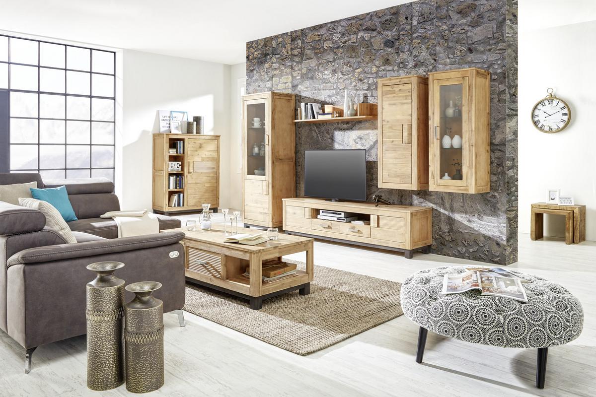 Vitrine aus Akazie teilmassiv - Silberfarben/Akaziefarben, Konventionell, Glas/Holz (65/190/45cm) - Zandiara