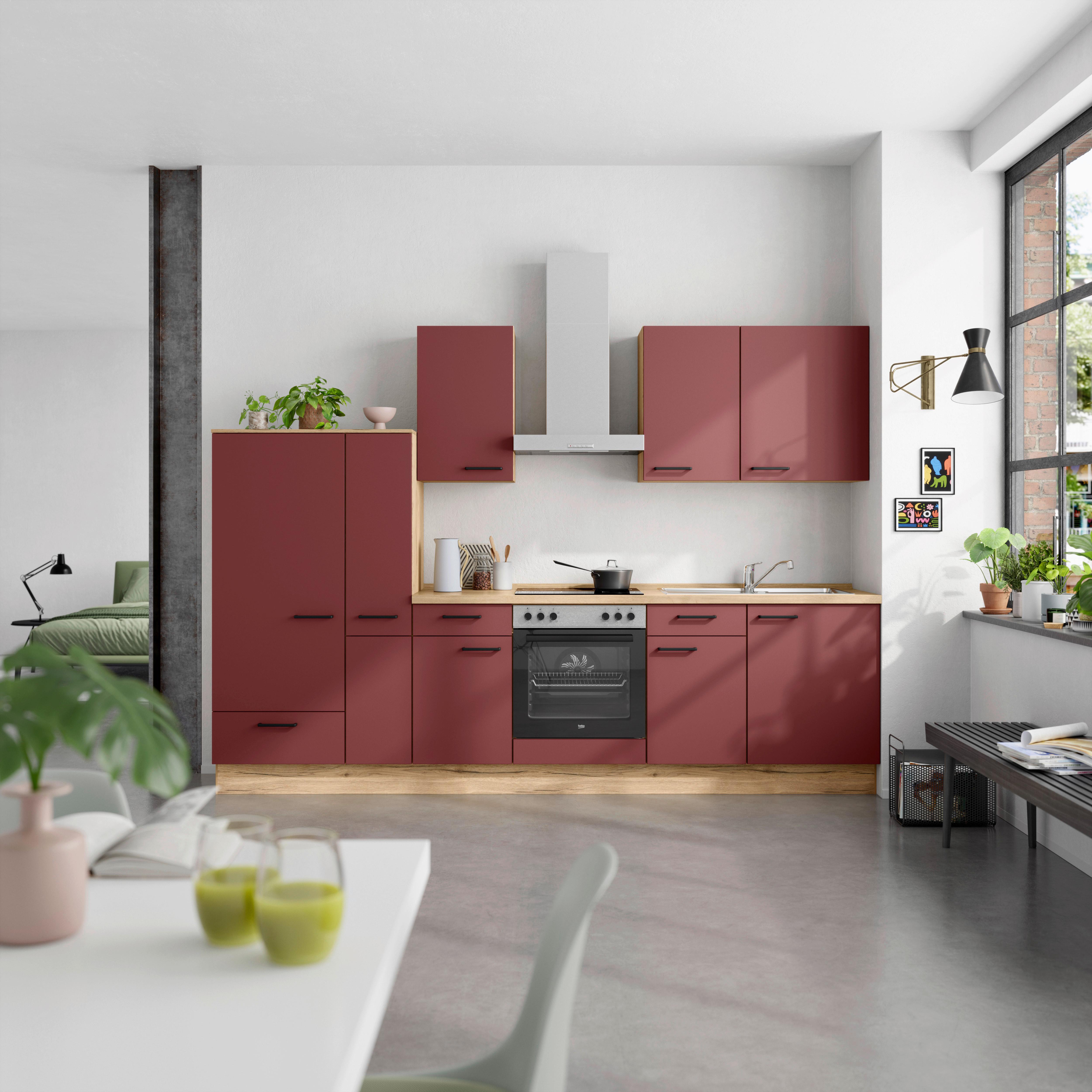 Küchenblock Easytouch Low m. Geräten Dunkelrot - Eichefarben/Schwarz, MODERN, Holzwerkstoff/Metall (300cm) - Nobilia