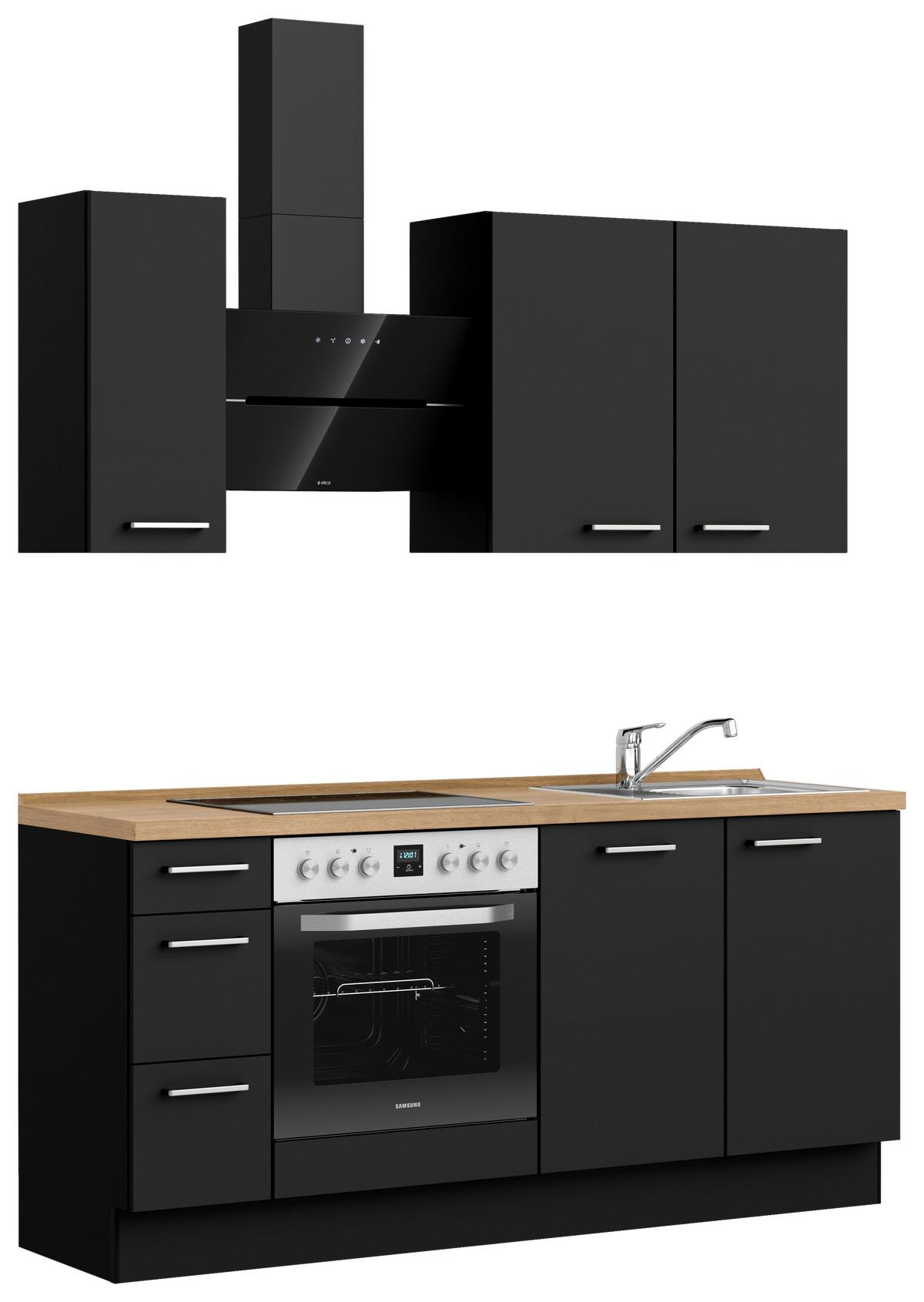 Küchenblock Touch High m. Geräten Schwarz - Edelstahlfarben/Eichefarben, MODERN, Holzwerkstoff/Metall (180cm) - Nobilia