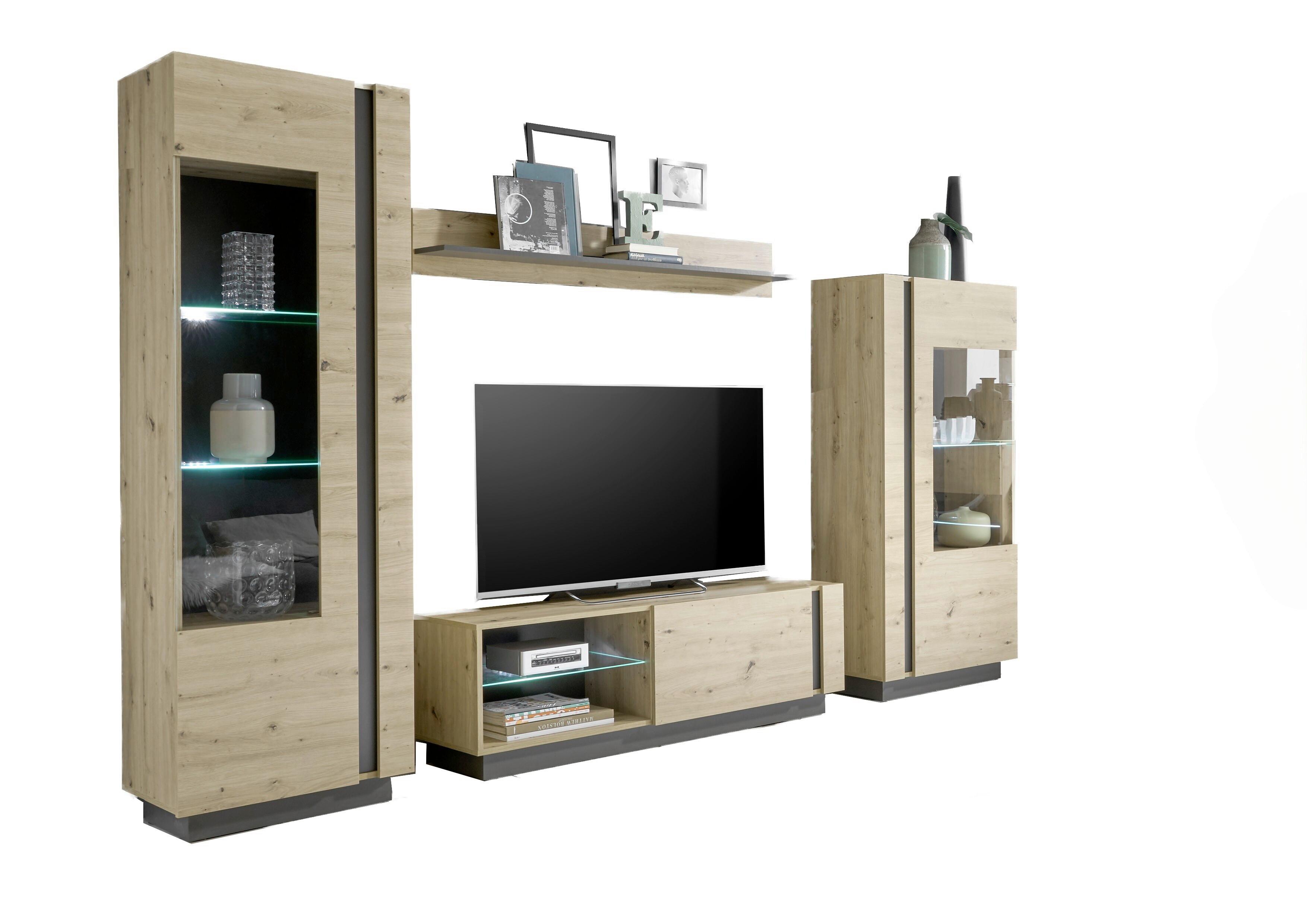 Wohnwand Clair Graphitfarben/Eiche Artisan - Graphitfarben/Eiche Artisan, Design, Glas/Holzwerkstoff (290/194/40cm) - MID.YOU