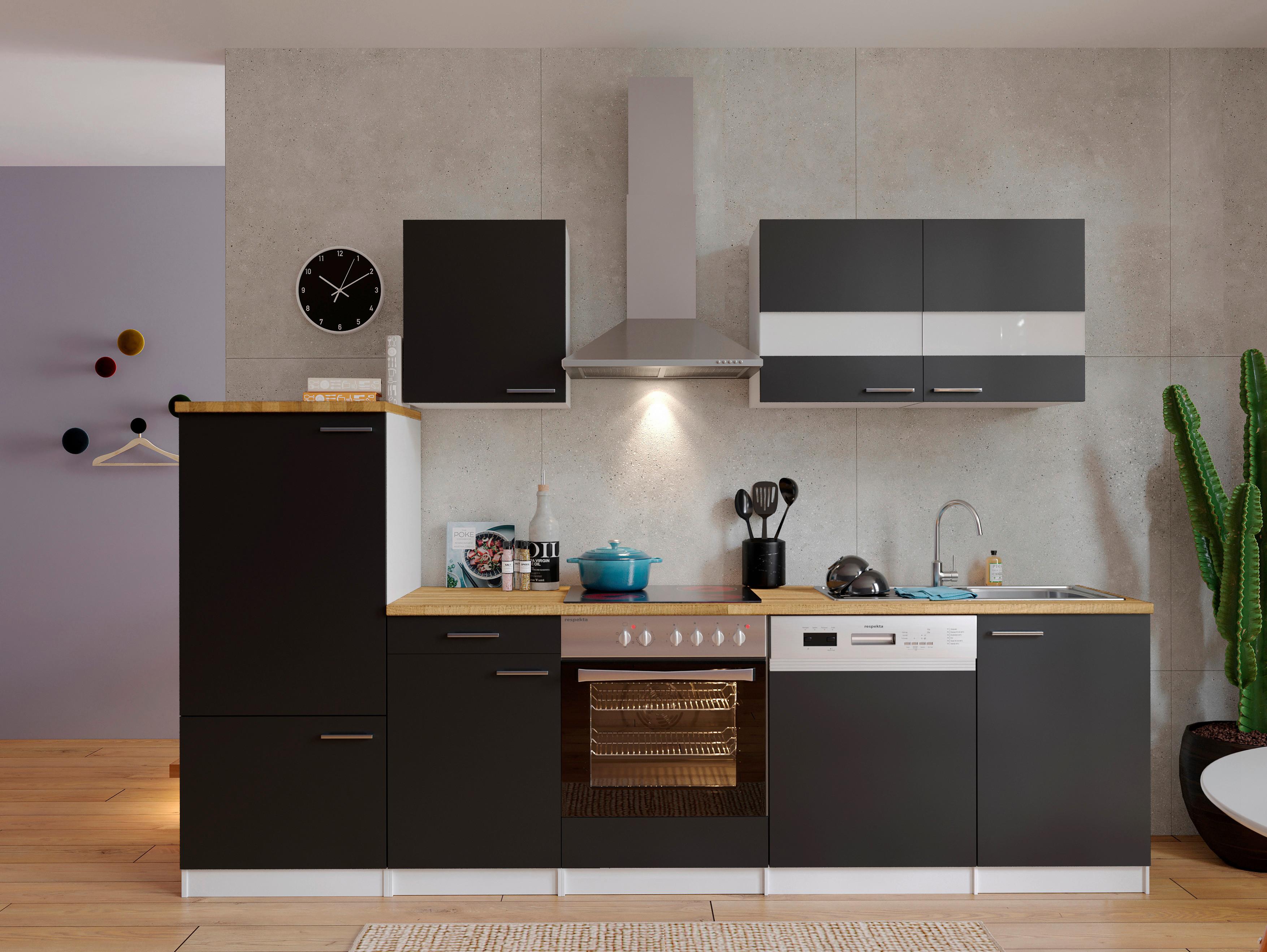 Küchenzeile Economy m. Geräten Schwarz/Nussbaum B: ca. 280 cm - Edelstahlfarben/Nussbaumfarben, Basics, Holzwerkstoff/Metall (280cm) - Respekta