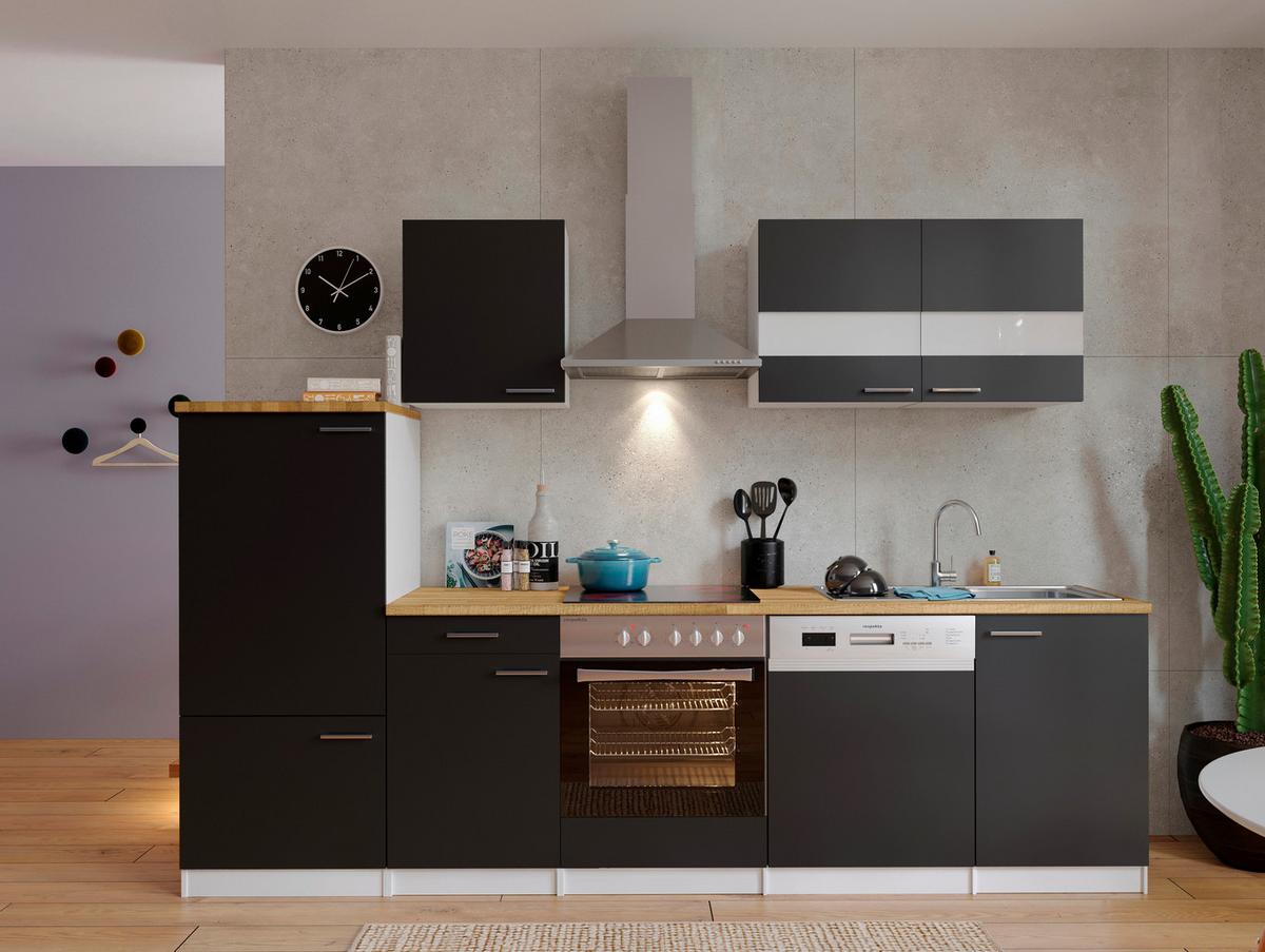 Küchenzeile Economy m. Geräten Schwarz/Nussbaum B: ca. 280 cm - Edelstahlfarben/Nussbaumfarben, Basics, Holzwerkstoff/Metall (280cm) - Respekta