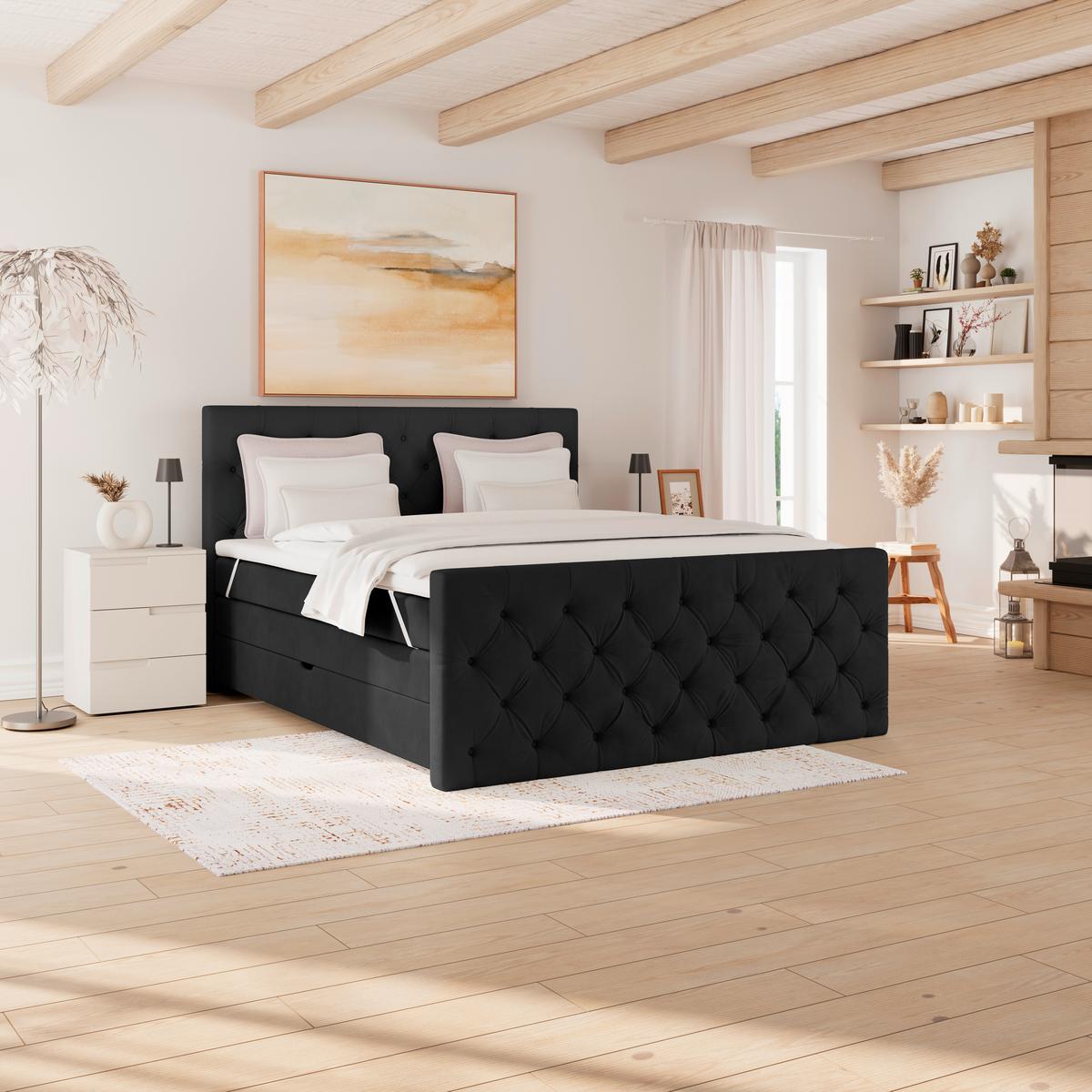 Boxspring Krevet Elio - bež/crna, Romantično / ladanjski, tekstil/plastika (160/200cm) - Modern Living