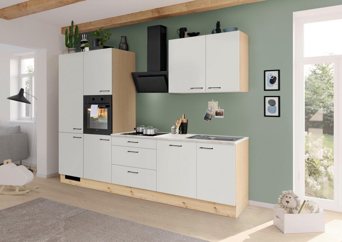 Küchenblock IP1200 o. Geräte Weiß - Eichefarben/Schwarz, MODERN, Holzwerkstoff/Metall (310cm) - Impuls