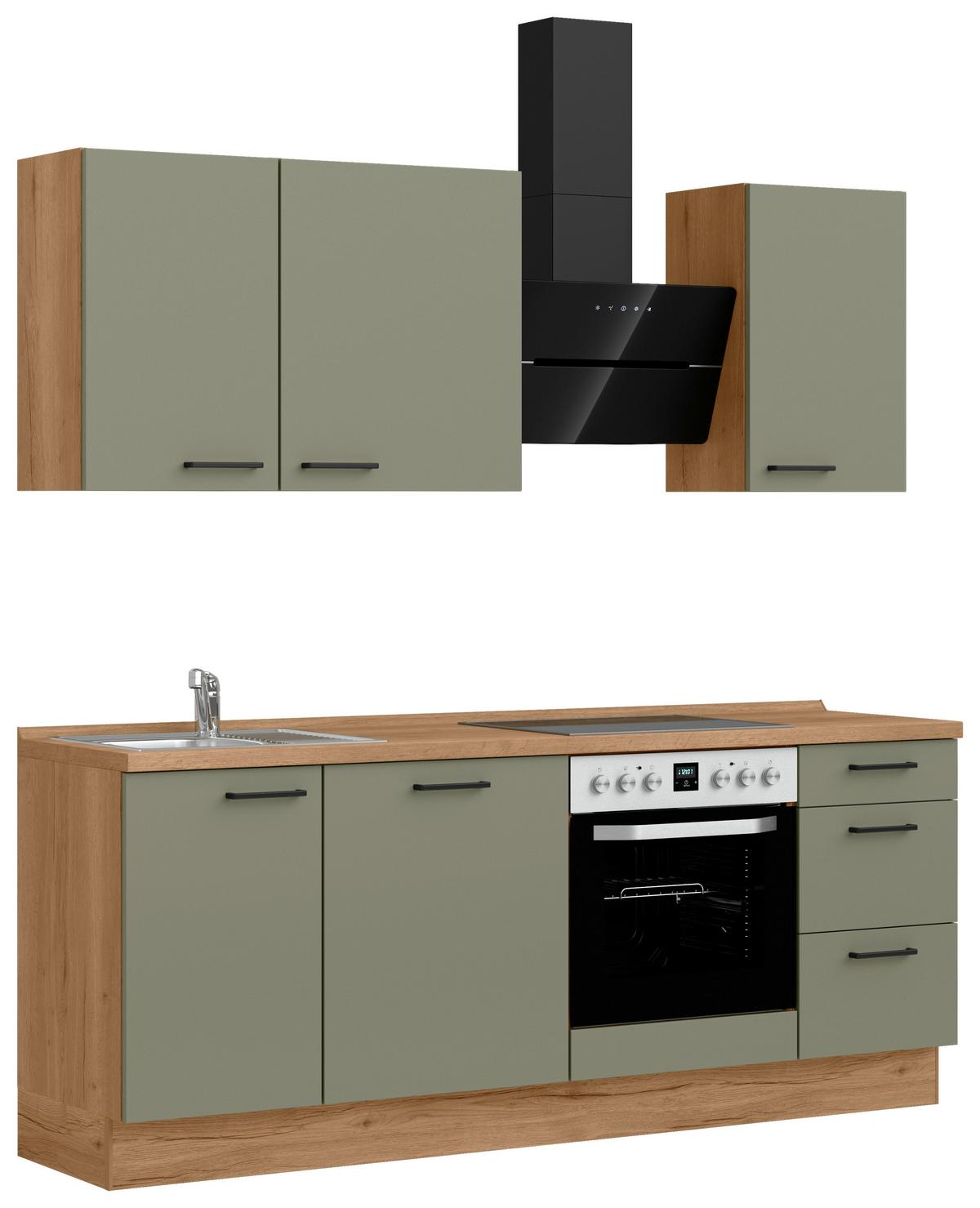 Küchenleerblock Senso High o. Geräte Olivgrün - Eichefarben/Schwarz, ROMANTIK / LANDHAUS, Holzwerkstoff/Metall (210cm) - Nobilia