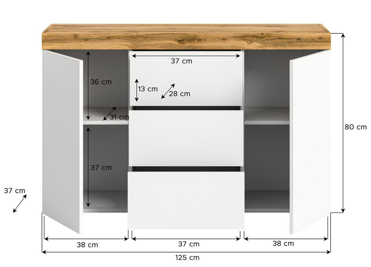 Komoda Sugar, Bela, Barva Hrasta - hrast wotan/bela, Design, leseni material (125/80/37cm) - MID.YOU