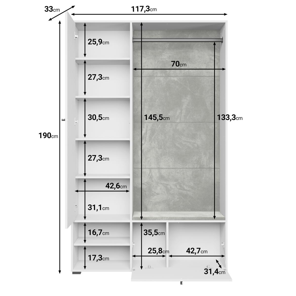 Garderobe Dino 013 4-tlg. Weiß - Weiß, Basics, Holzwerkstoff (117,3/190/33cm) - P & B