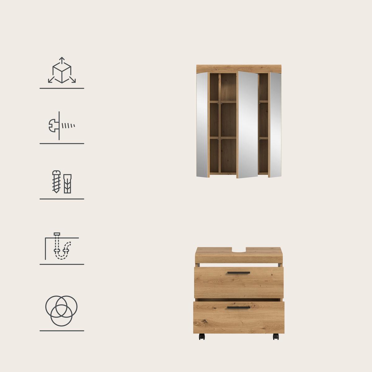 Badezimmer Scout Eiche Artisan 2-teilig - Schwarz/Eiche Artisan, Trend, Glas/Holzwerkstoff (60cm) - MID.YOU