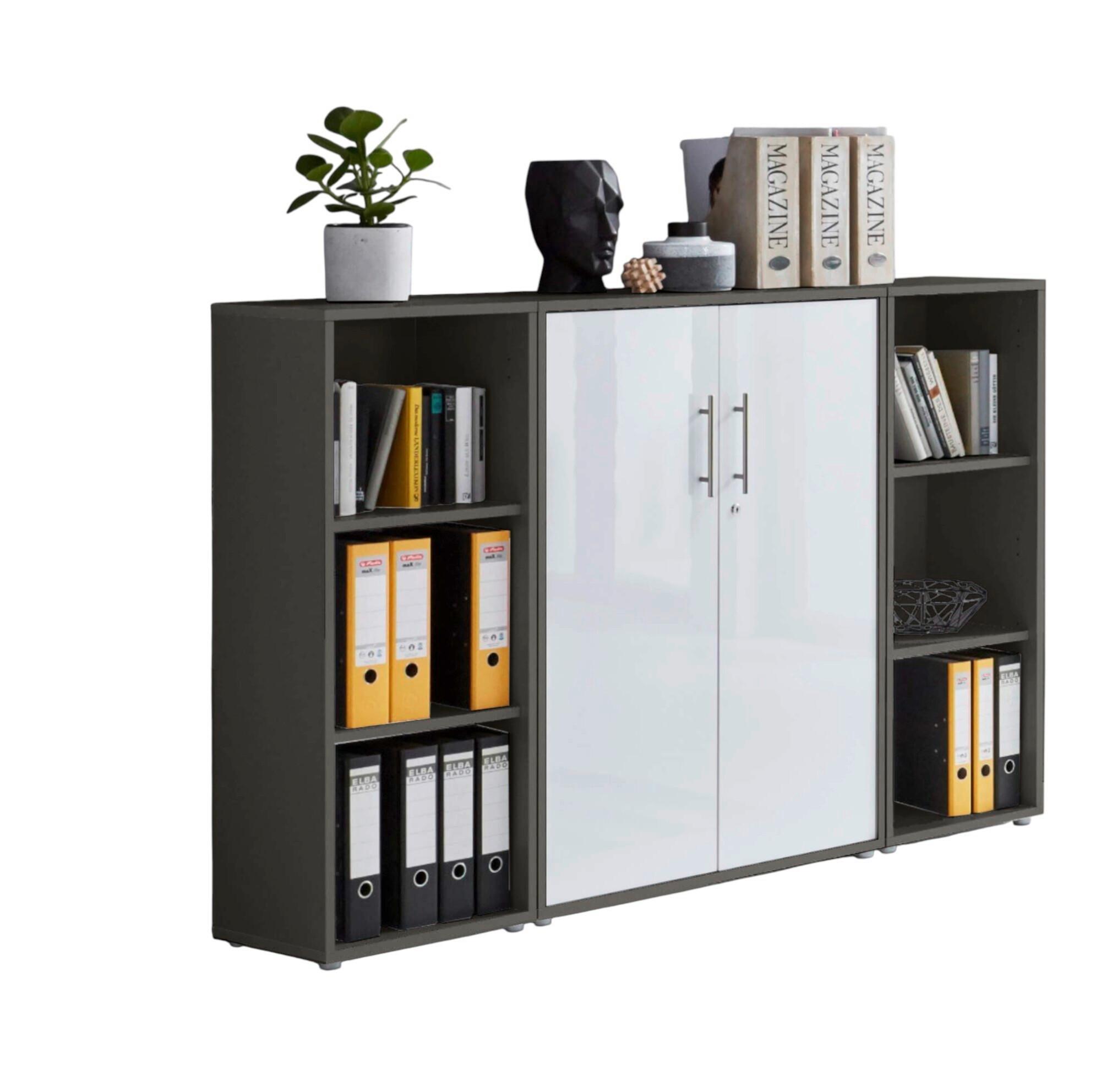 AKTENSCHRANK OFFICE EDITION - SW SET 2 - Weiß Hochglanz/Anthrazit, MODERN, Holzwerkstoff (172,6/113,6/33cm) - MID.YOU