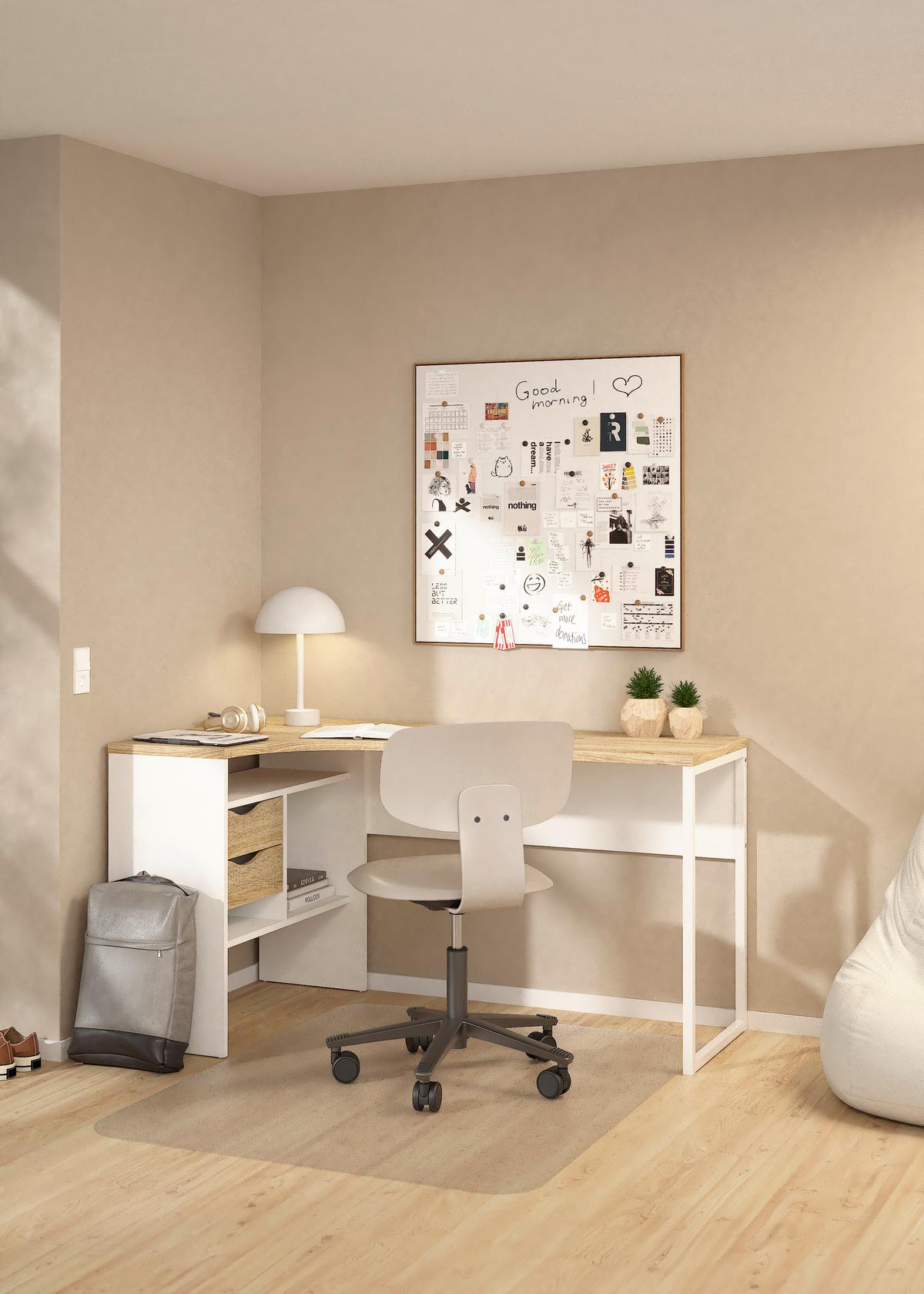 Kotna Pisalna Miza Function Plus I, Bela, Barva Hrasta - barve hrasta/bela, Moderno, kovina/leseni material (145,1/81/76,8cm) - MID.YOU