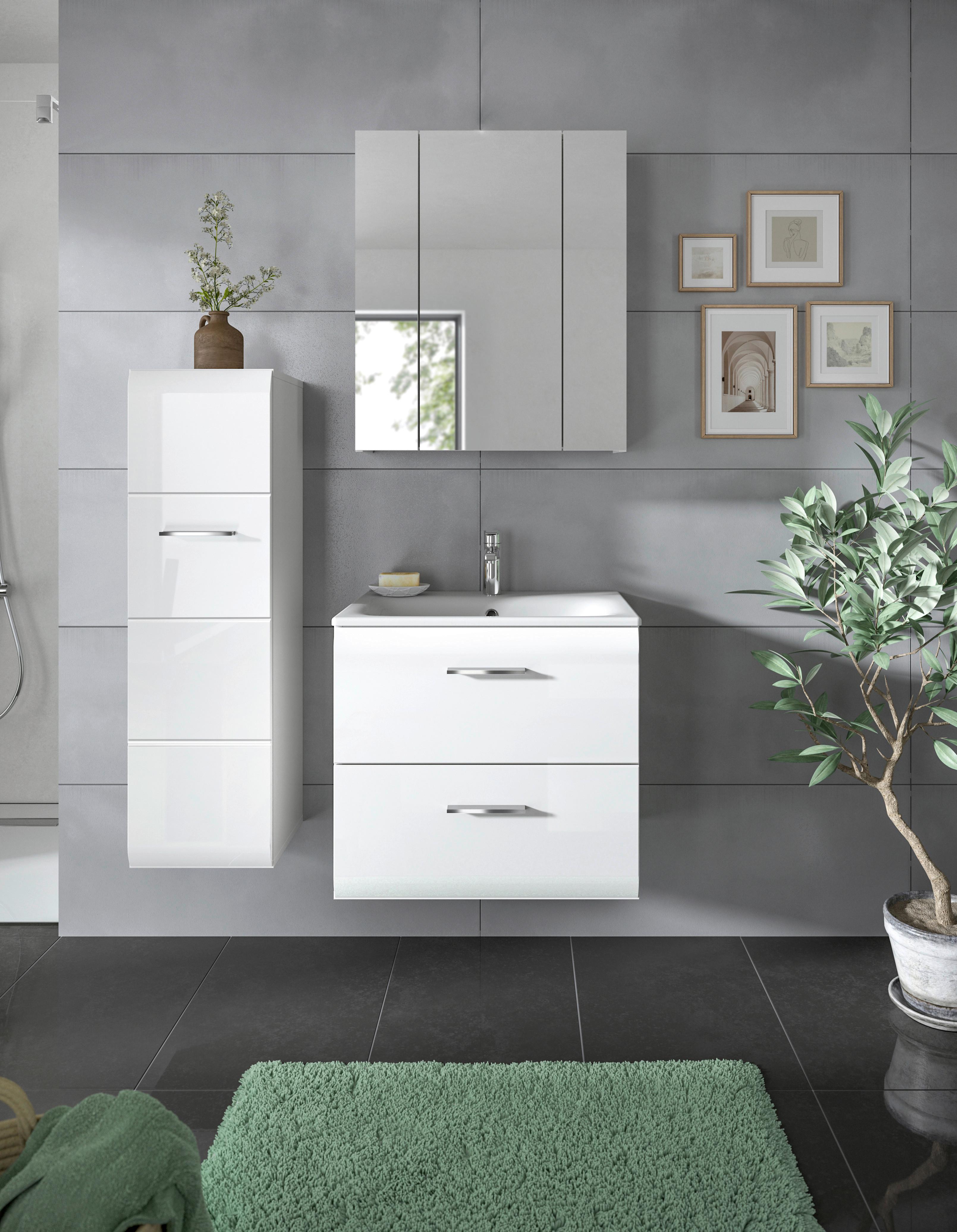 Badezimmer Ice 3-tlg. ca. 90 cm Weiß - Weiß Hochglanz/Silberfarben, MODERN, Keramik/Holzwerkstoff (90cm) - MID.YOU