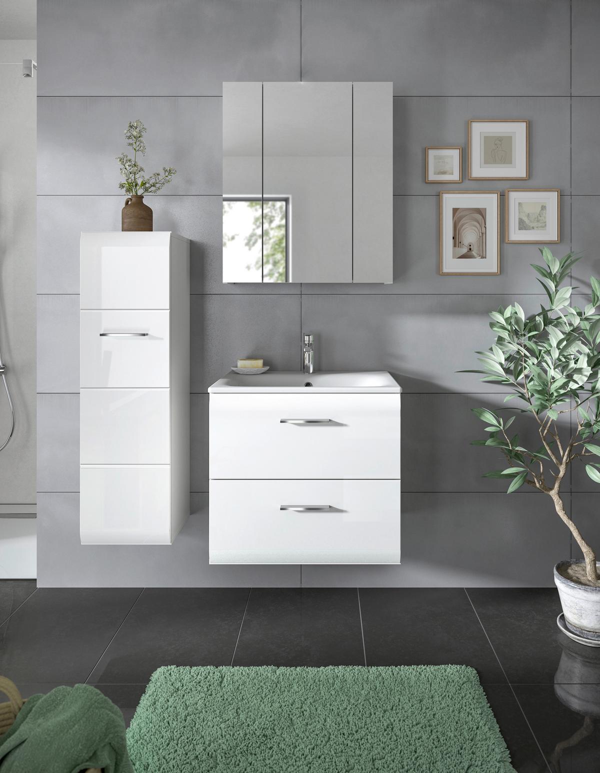 Badezimmer Ice 3-tlg. ca. 90 cm Weiß - Weiß Hochglanz/Silberfarben, MODERN, Keramik/Holzwerkstoff (90cm) - MID.YOU