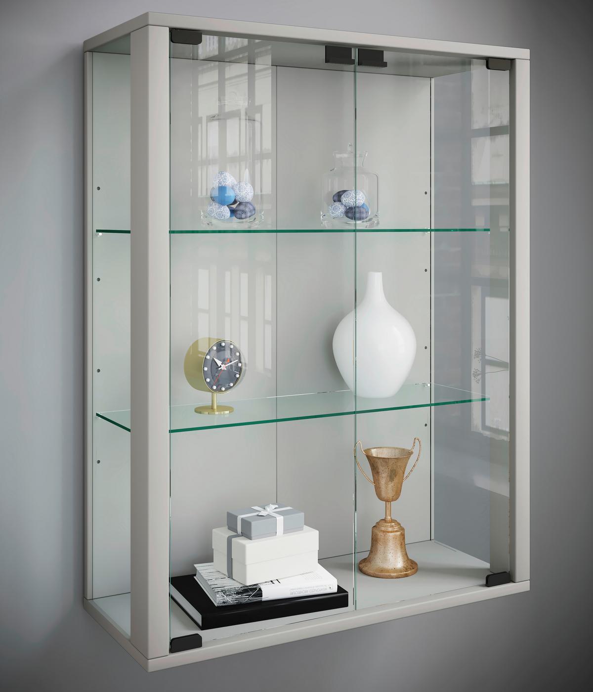 Viseča Vitrina Udina, Srebrna - srebrne barve/črna, Konvencionalno, umetna masa/steklo (60/80/25cm) - MID.YOU