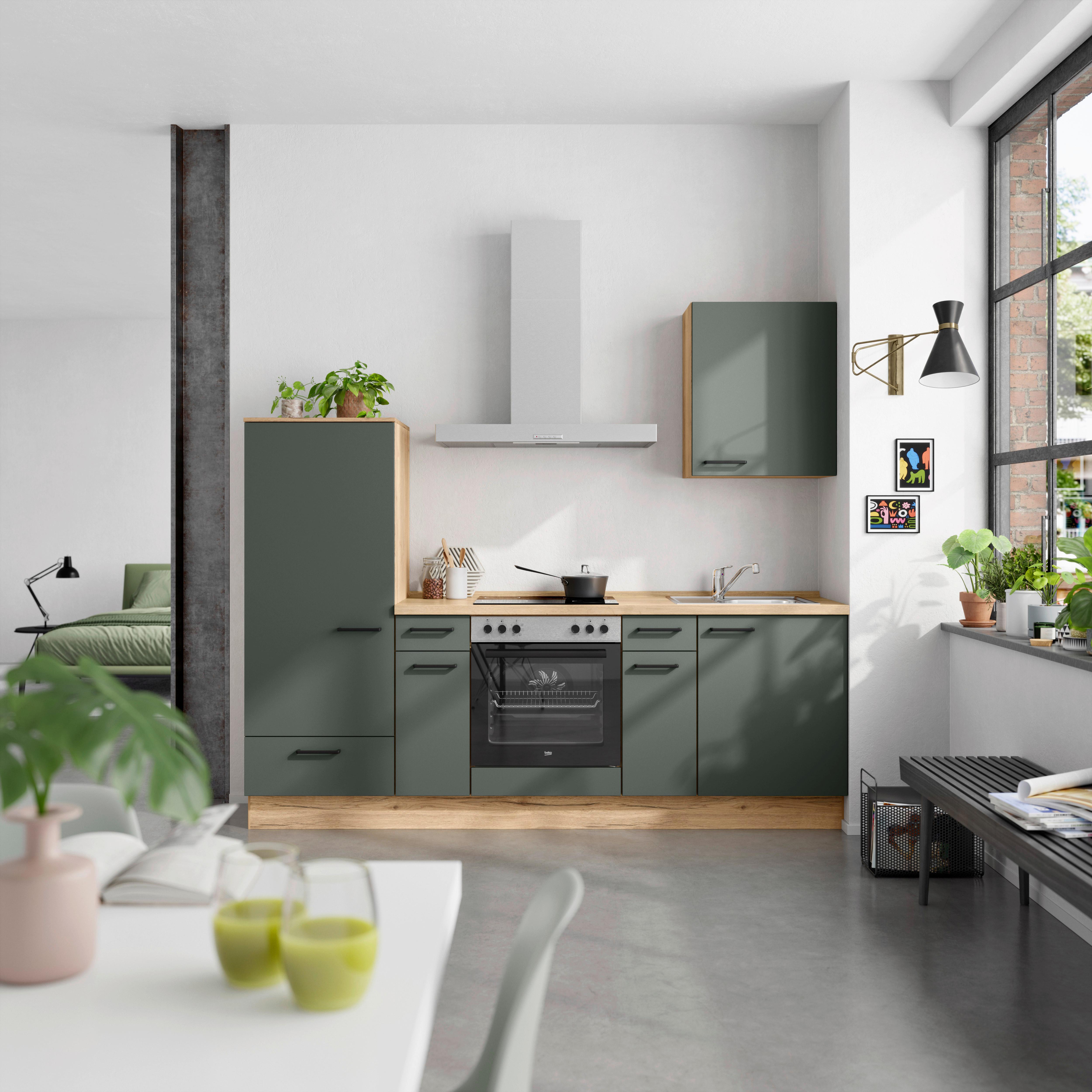 Küchenblock Easytouch Low m. Geräten Dunkelgrün - Dunkelgrün/Eichefarben, MODERN, Holzwerkstoff/Metall (240cm) - Nobilia