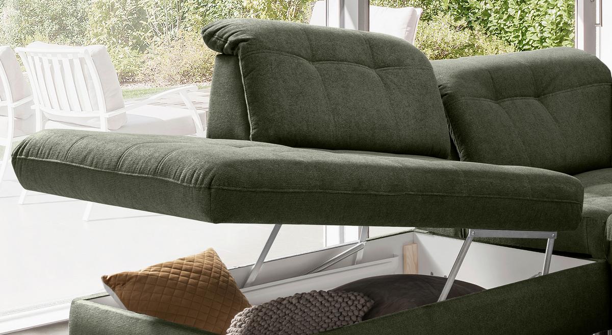 Wohnlandschaft Rigatti Dunkel Grün Chenille m. Bettkasten - Dunkelgrün/Schwarz, MODERN, Textil/Metall (252/387/184cm) - Livetastic