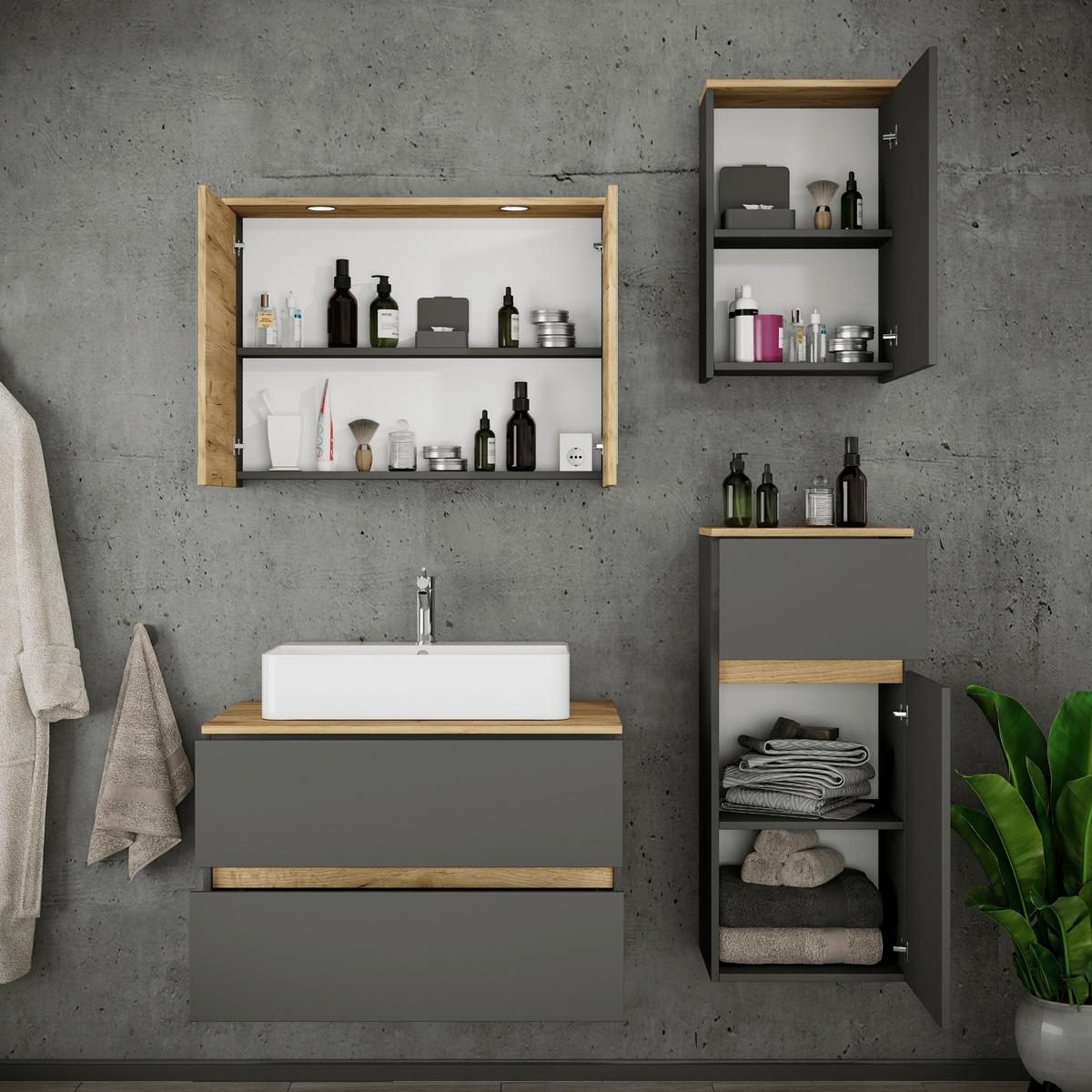 Badezimmer Cosila - Honigeiche/Weiss, Trend, Keramik/Holzwerkstoff (120cm) - MID.YOU