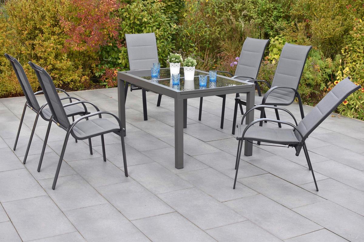 Gartentischgruppe Amalfi 7-tlg. Graphitfarben - Graphitfarben/Grau, KONVENTIONELL, Glas/Textil - Gardenson