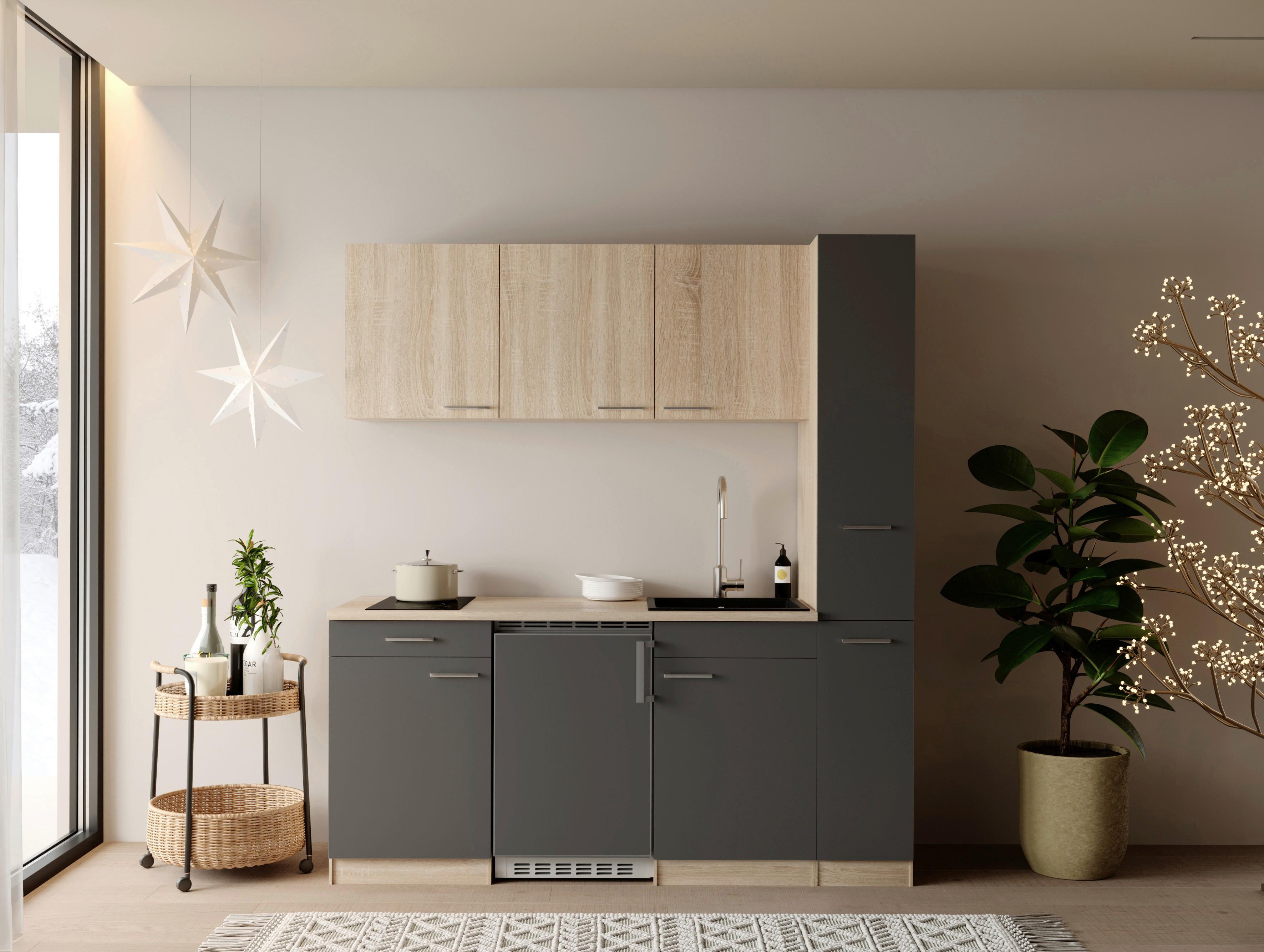 Küchenblock Ingrid m. Geräten Grau - Eichefarben/Alufarben, Design, Holzwerkstoff/Kunststoff (180cm) - Respekta