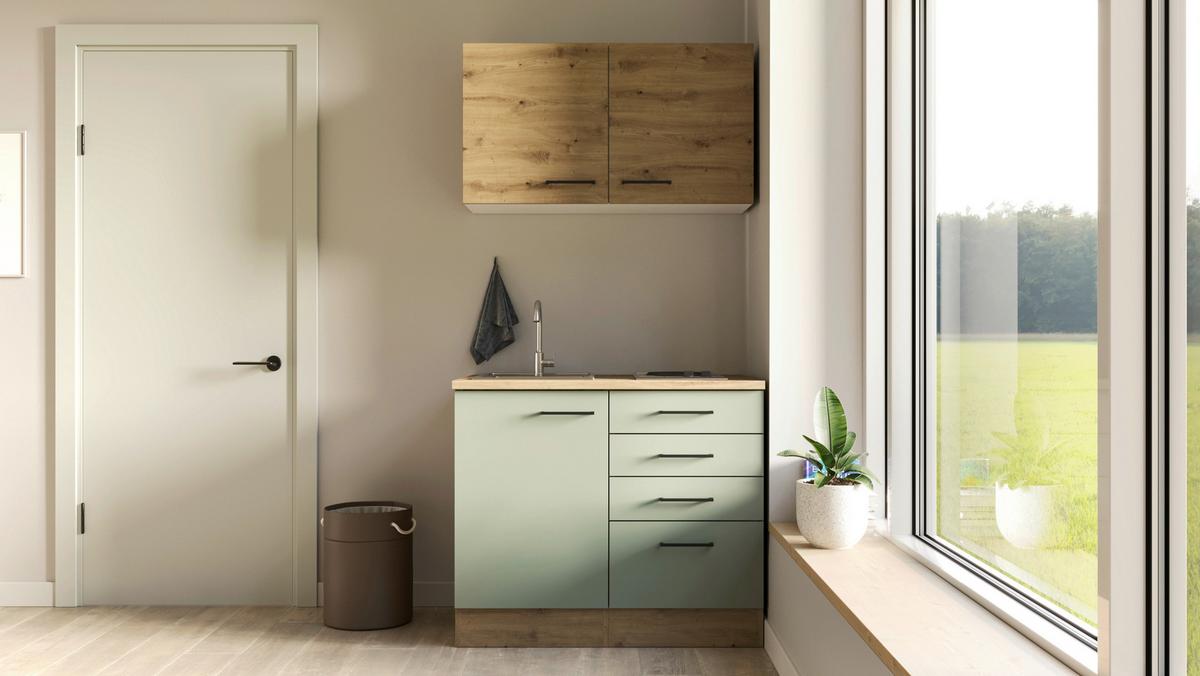 Miniküchen Cara Grün/Eichefarben - Schwarz/Eiche Artisan, MODERN, Holzwerkstoff/Metall (100cm) - FlexWell