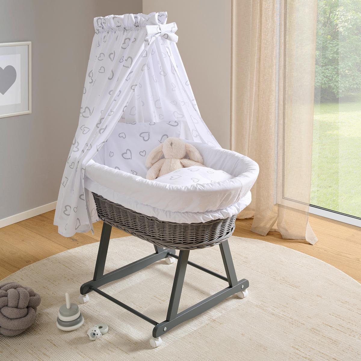 ŁÓŻECZKO NA KÓŁKACH - ZESTAW SWEETHEART -TOP- - biały/szary, Basics, drewno/tkanina (91/60/73cm) - My Baby Lou