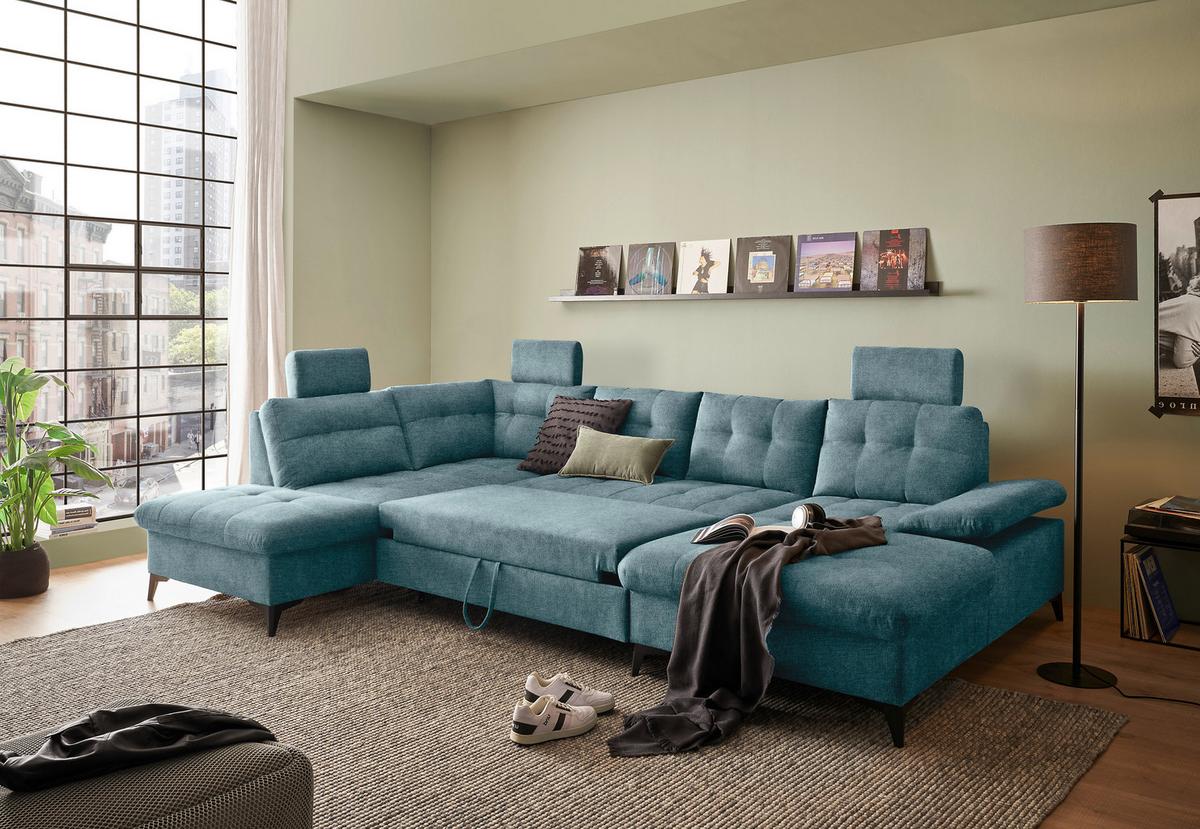 Wohnlandschaft Durban U ca. 218x324x170 cm Eisblau - Blau/Schwarz, KONVENTIONELL, Kunststoff/Textil (218/324/170cm) - MID.YOU