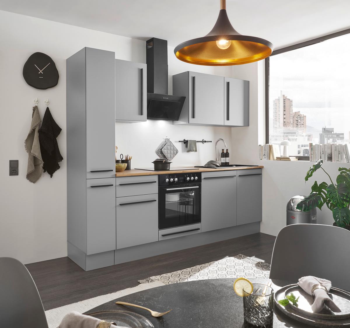 Küchenblock Denver m. Geräten Grau - Eichefarben/Schwarz, Design, Holzwerkstoff/Kunststoff (250cm) - P & B