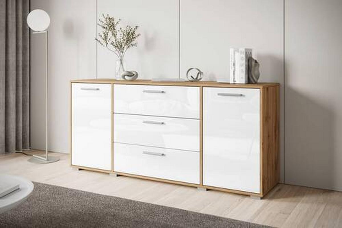 Sideboard Bogota ca. 150x68 cm Eiche/Weiß - Weiß Hochglanz/Eiche Wotan, Basics, Holzwerkstoff/Kunststoff (150/68/40cm) - MID.YOU