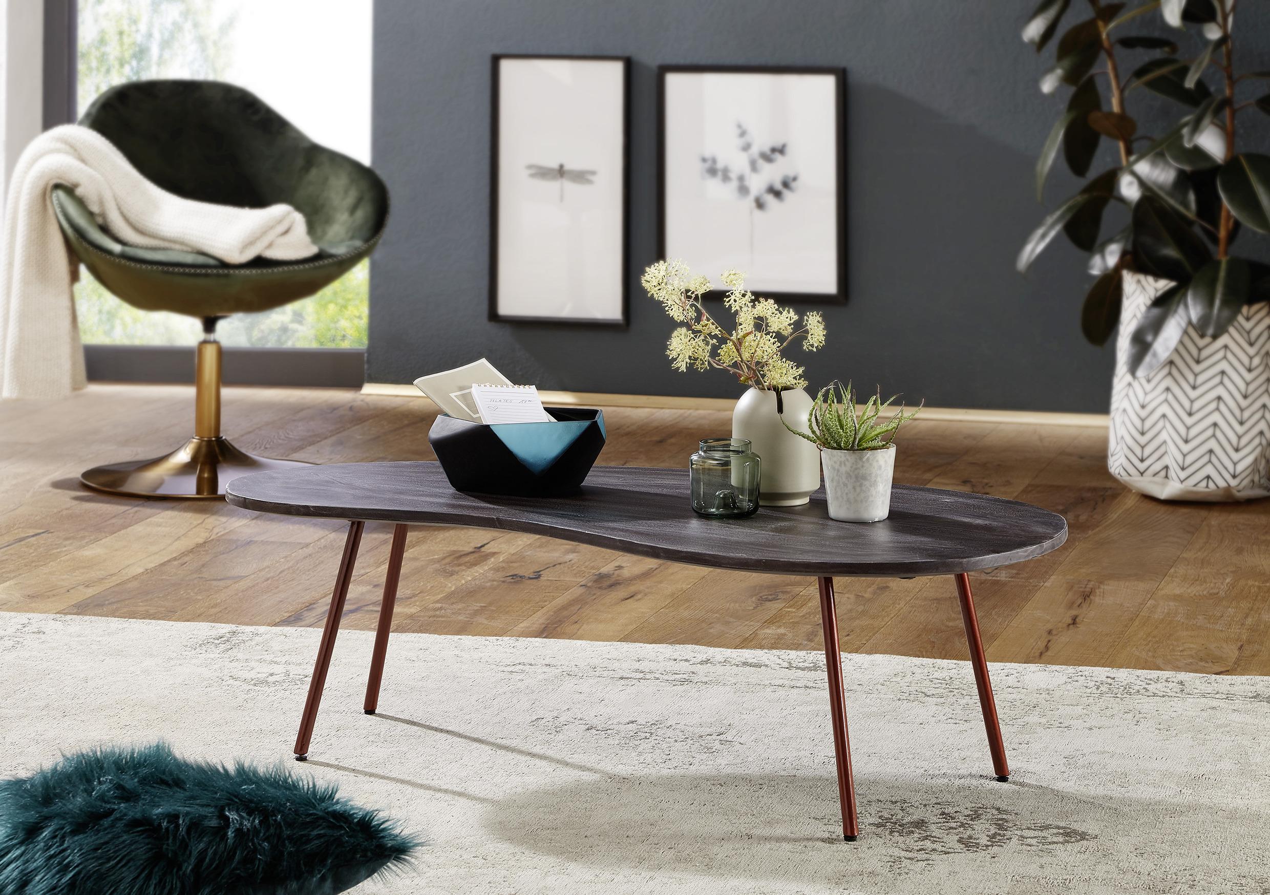 Couchtisch "Jai" ca. 122x63 cm, aus Akazie - Dunkelgrau/Kupferfarben, Design, Holz/Metall (122/63/34,5cm) - MID.YOU