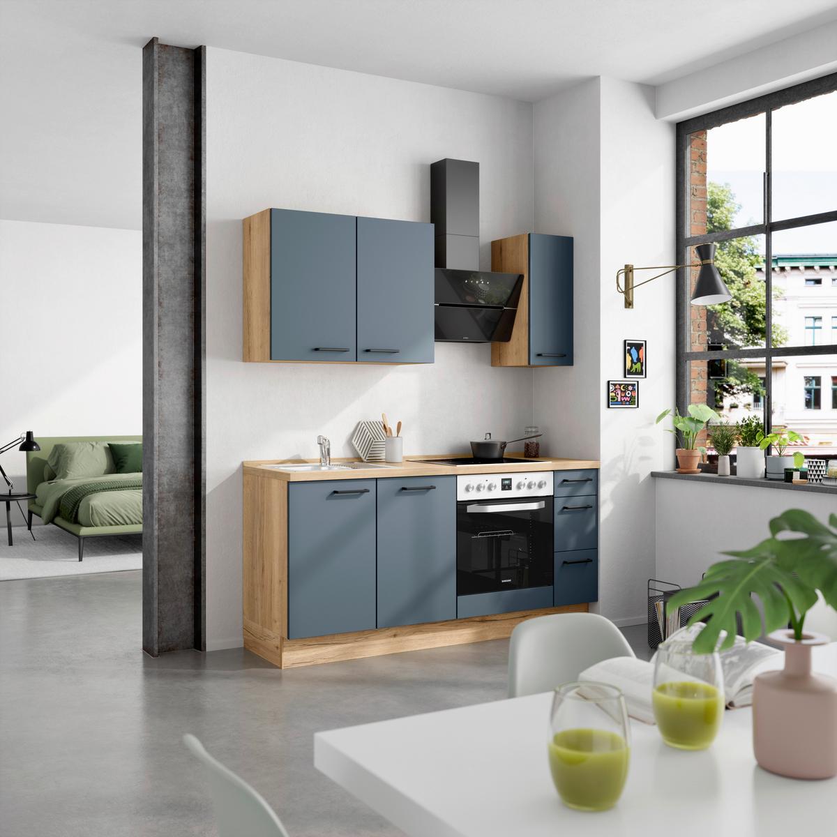 Küchenblock Easytouch High m. Geräten Dunkelblau - Eichefarben/Schwarz, MODERN, Holzwerkstoff/Metall (180cm) - Nobilia