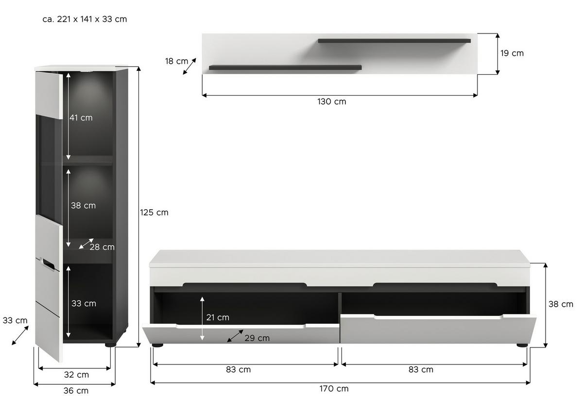 Dnevni Regal Canu, Bela, Siva, Osvetlitev, 3-Delni - črna/bela, Design, umetna masa/leseni material (221/141/33cm) - Livetastic