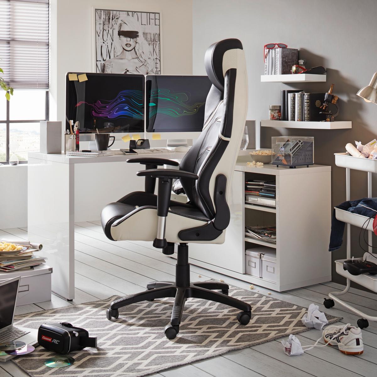 Gamingstuhl im Lederlook - Weiss/Schwarz, Modern, Kunststoff/Textil (67/126-134/72cm) - Premium Living