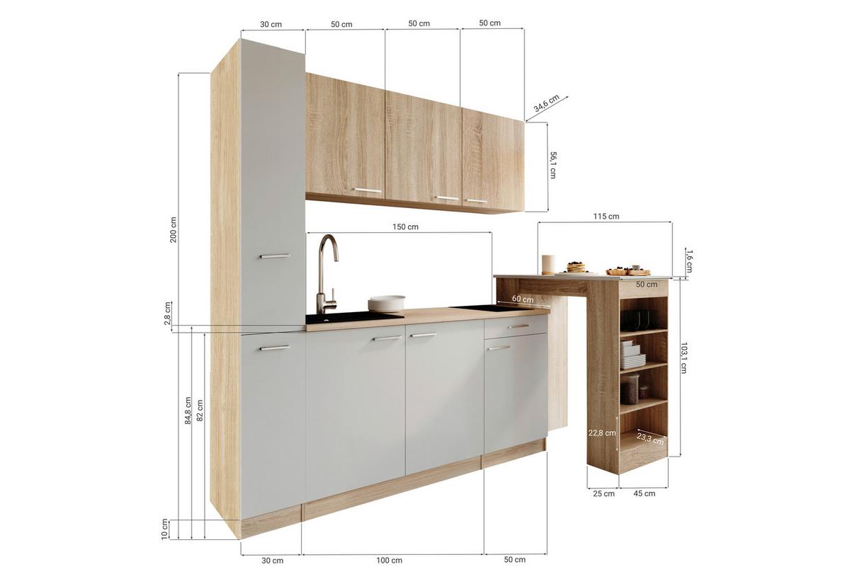 Küchenblock Ingrid m. Gerät Schwarz - Eichefarben/Schwarz, Design, Holzwerkstoff/Kunststoff (180cm) - Respekta