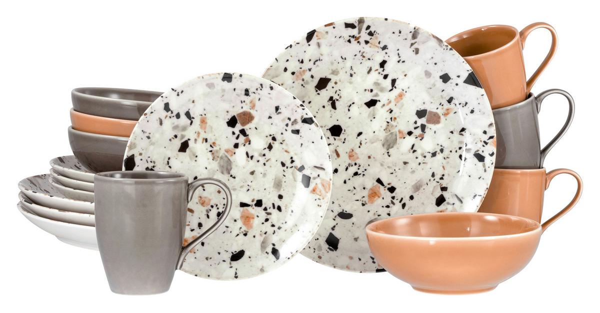 Kombinirani Servis Terrazzo, 16-Delni - siva/barve korale, Basics, keramika - Creatable