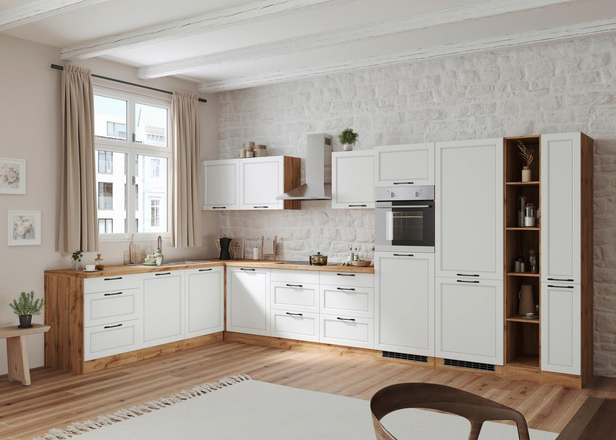 Eckküche Meran mit Geräten ca. 240x420 cm Weiß/Eiche - Eiche Wotan/Schwarz, LIFESTYLE, Holzwerkstoff/Metall (240/420cm) - Held