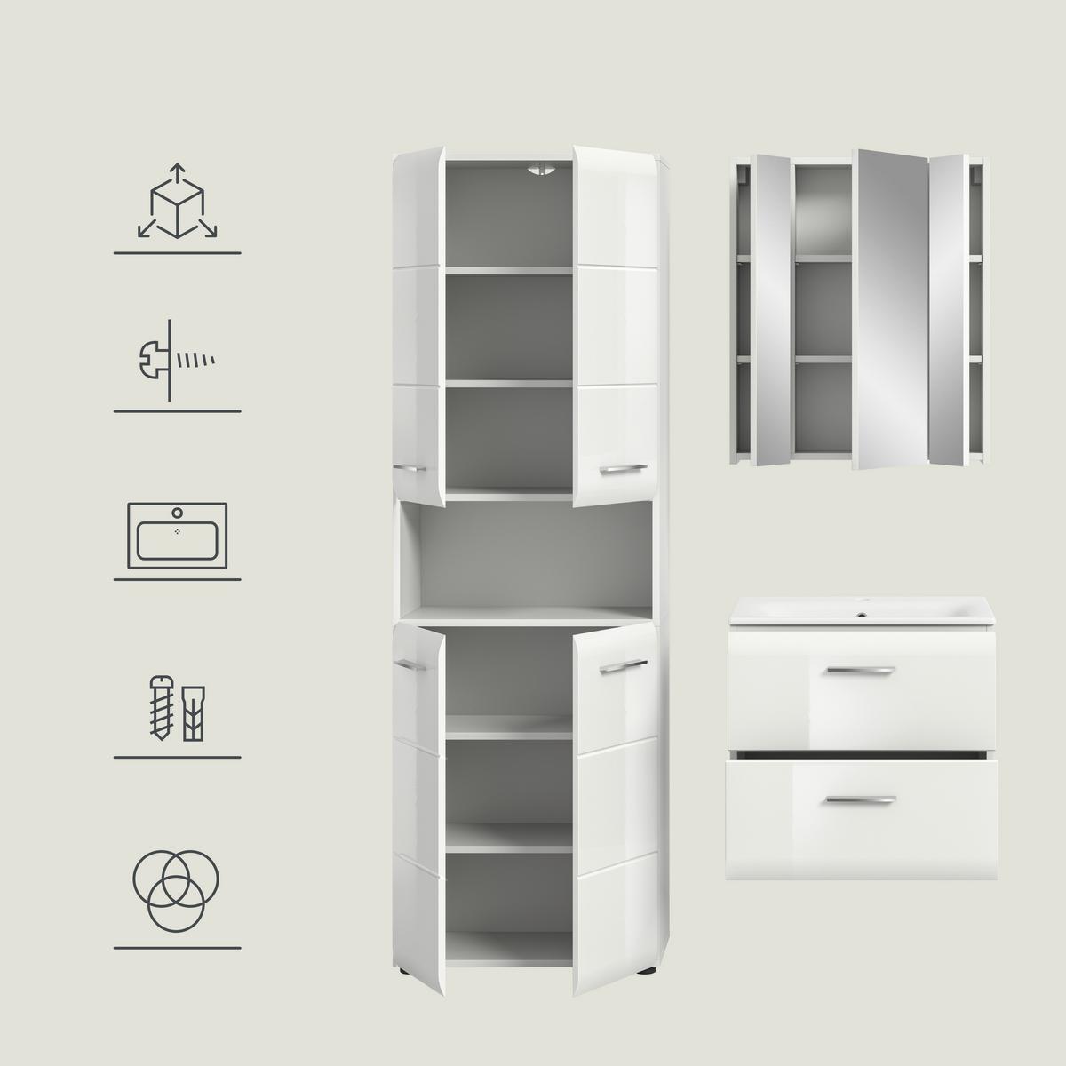 Badezimmer Ice 4-tlg. ca. 120 cm Weiß - Weiß Hochglanz/Silberfarben, MODERN, Keramik/Holzwerkstoff (120cm) - MID.YOU