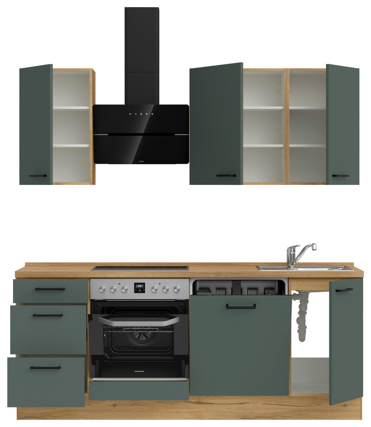 Küchenblock Easytouch High m. Geräten Dunkelgrün - Dunkelgrün/Eichefarben, MODERN, Holzwerkstoff/Metall (210cm) - Nobilia