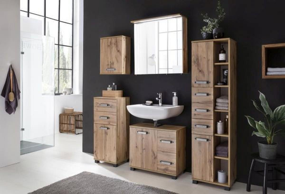 Hochschrank Milan Eiche - Eichefarben/Schwarz, KONVENTIONELL, Holzwerkstoff/Metall (41,9/163,7/32cm) - MID.YOU