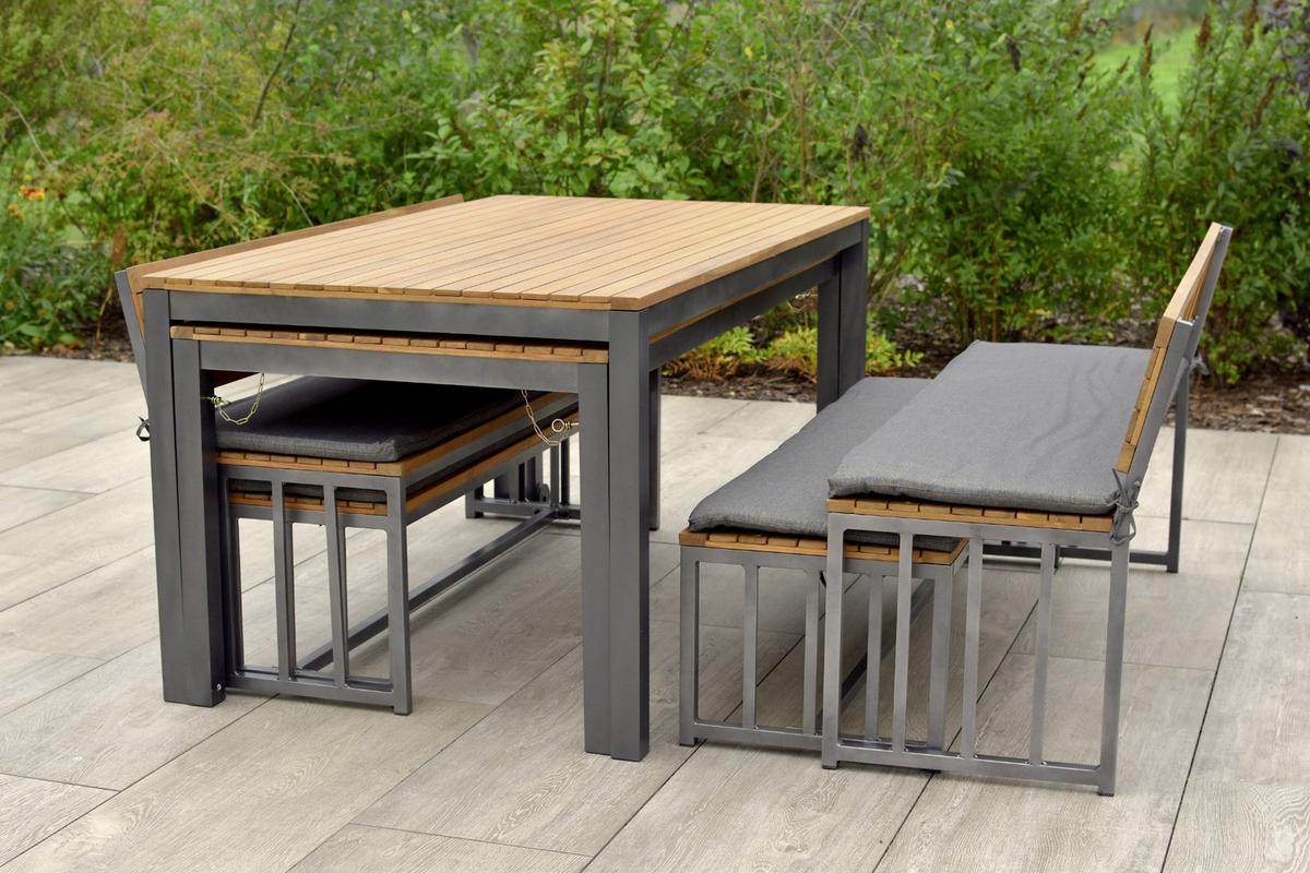 Gartenmöbel Set 10-tlg. Milos Echtholz/Metall mit Auflagen - Dunkelgrau/Graphitfarben, KONVENTIONELL, Holz/Textil - Gardenson