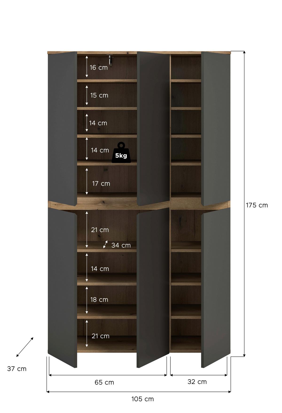 Garderobenschrank Scarpa Anthrazit - Eichefarben/Anthrazit, Design, Holzwerkstoff/Kunststoff (105/175/37cm) - Livetastic