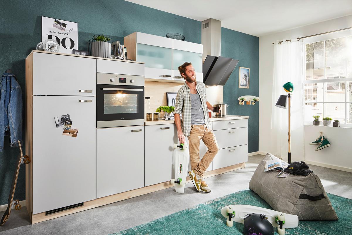 Küchenblock Win Hellgrau ohne Geräte - Edelstahlfarben/Eichefarben, MODERN, Holzwerkstoff/Metall (330cm) - Express-Kuechen