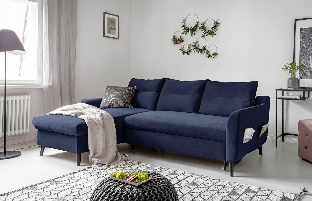 Eckschlafsofa in Dunkelblau ´STYLISH STAN DUNKELBLAU´ - Schwarz/Dunkelblau, Basics, Holz/Textil (150/230cm) - MID.YOU