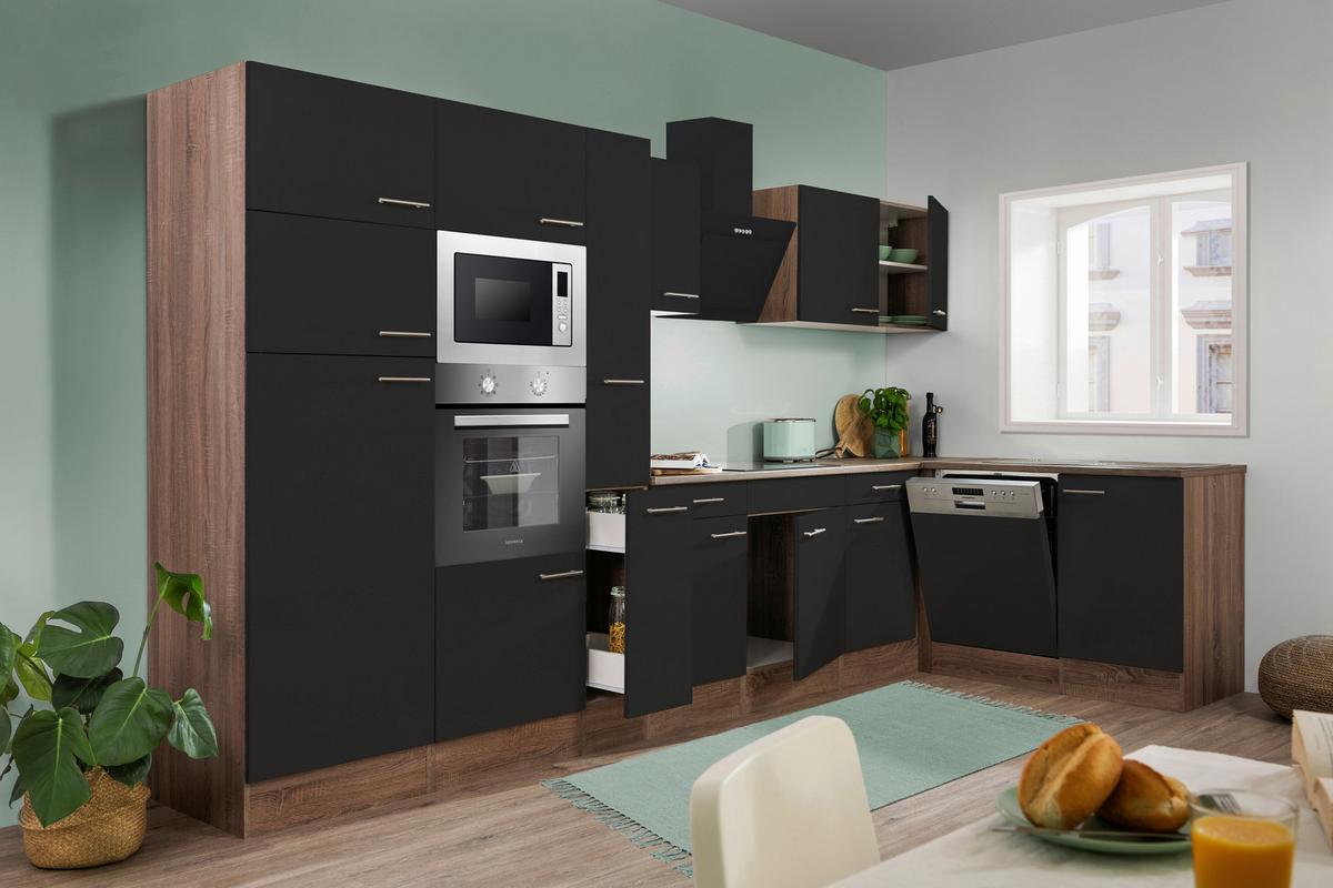 Eckküche Oliver mit Geräten ca. 370x172 cm Schwarz - Eichefarben/Schwarz, Basics, Holzwerkstoff/Metall (370/172cm) - Respekta