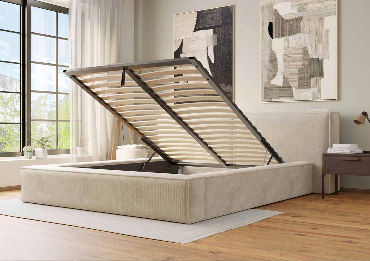 ŁÓŻKO TAPICEROWANE OVELIA - beżowy/czarny, Design, metal/drewno (200/200cm) - Boxxx