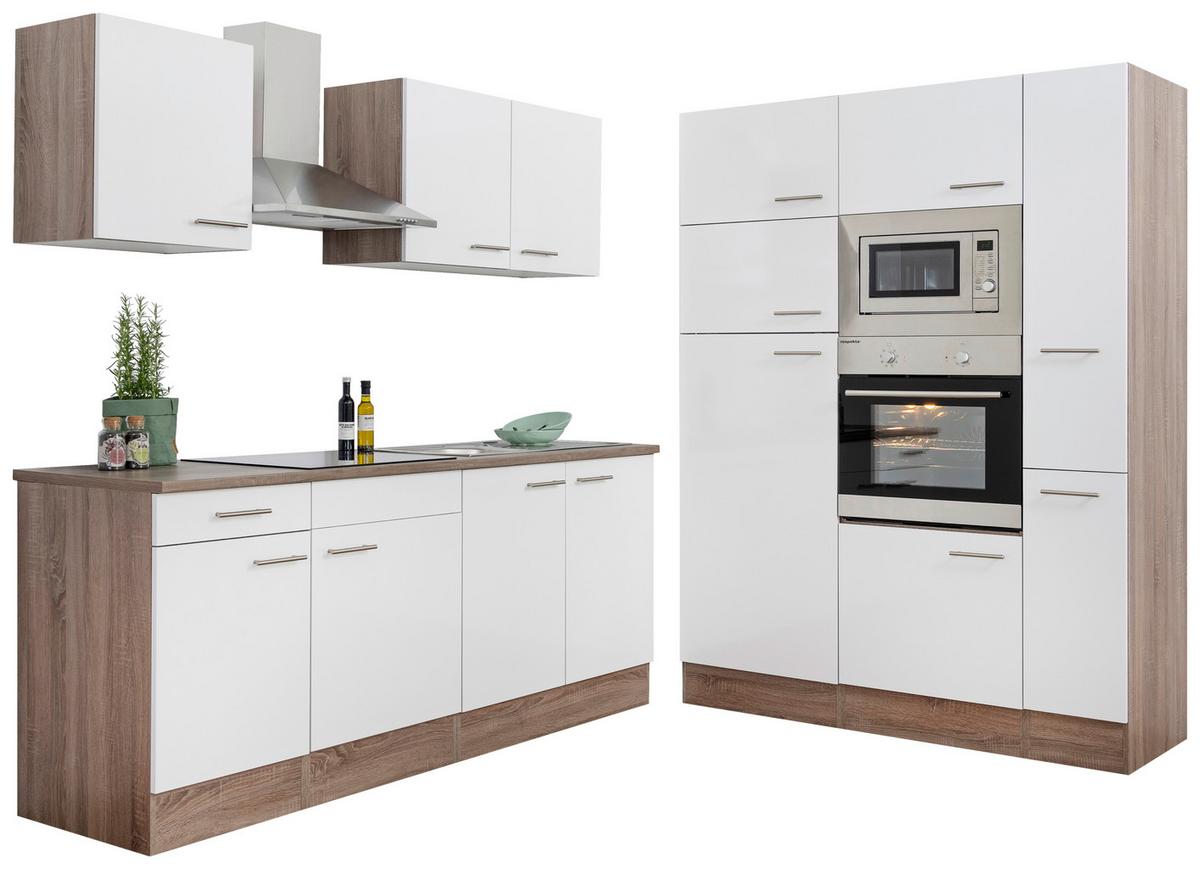 Küchenzeile Economy o. Geräte Weiß/Eiche B: ca. 360 cm - Edelstahlfarben/Eichefarben, Basics, Holzwerkstoff/Metall (360cm) - Respekta