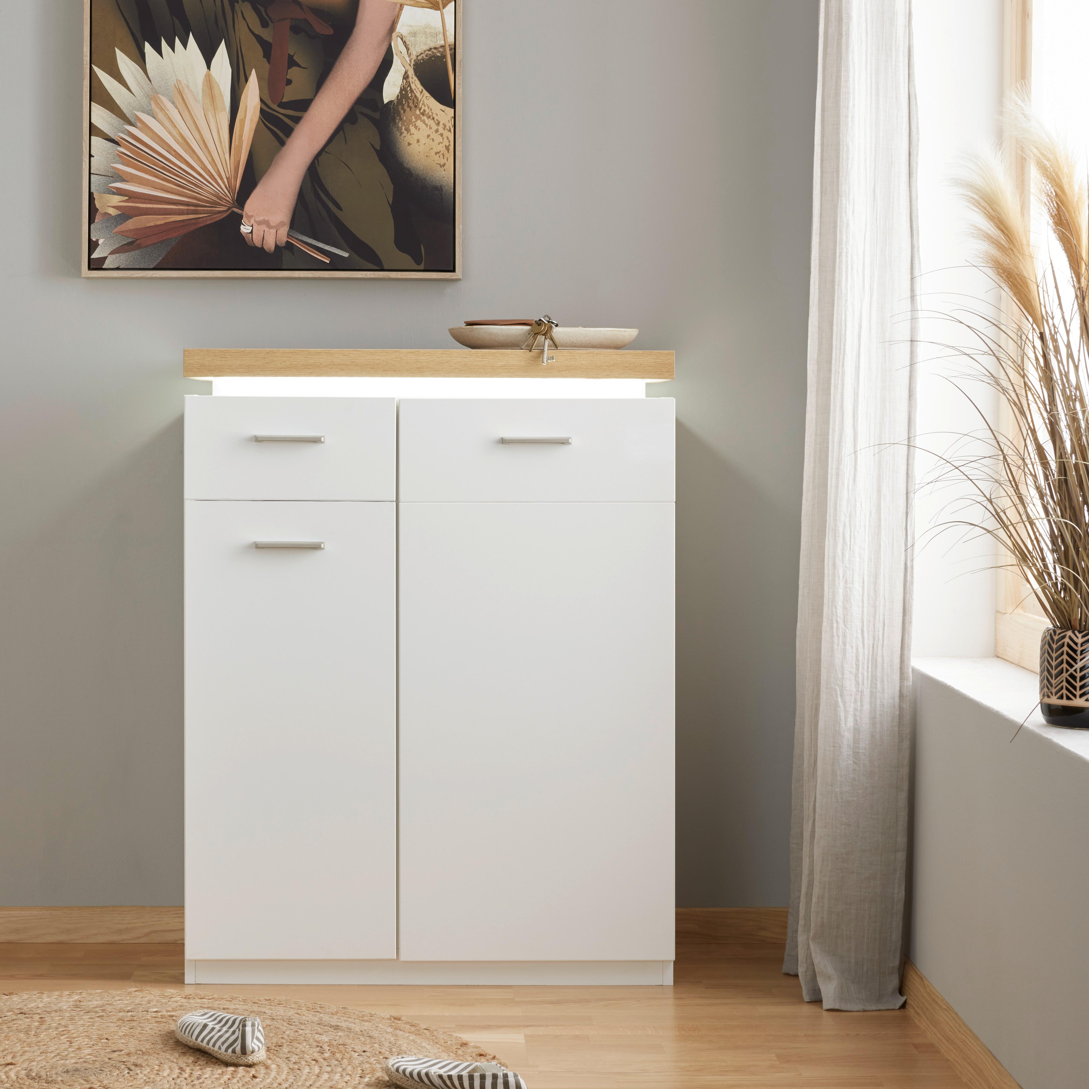 Schuhschrank in Weiß/Eichefarben - Eichefarben/Weiß, MODERN, Holzwerkstoff/Metall (75/99/38cm) - Premium Living