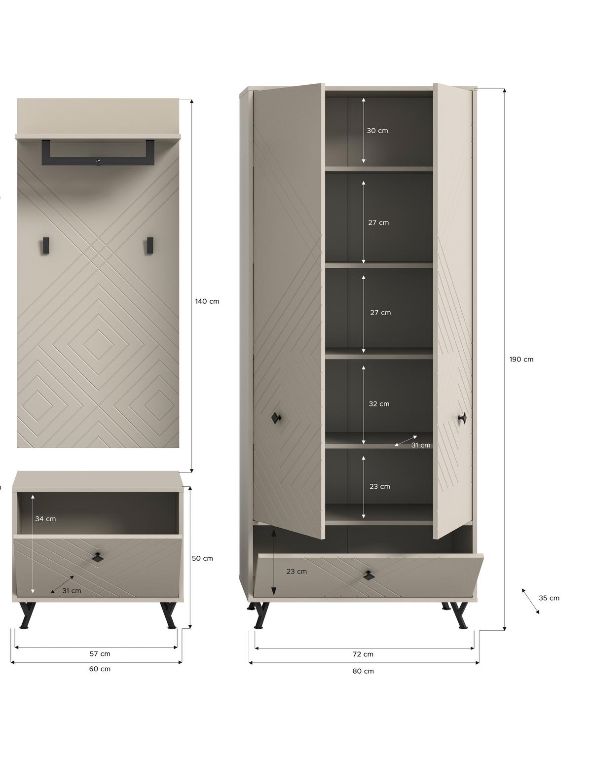 Garderobe Notes 3-tlg. ca. 195x190 cm Sandbeige - Design, Holzwerkstoff (195/190/35cm) - MID.YOU