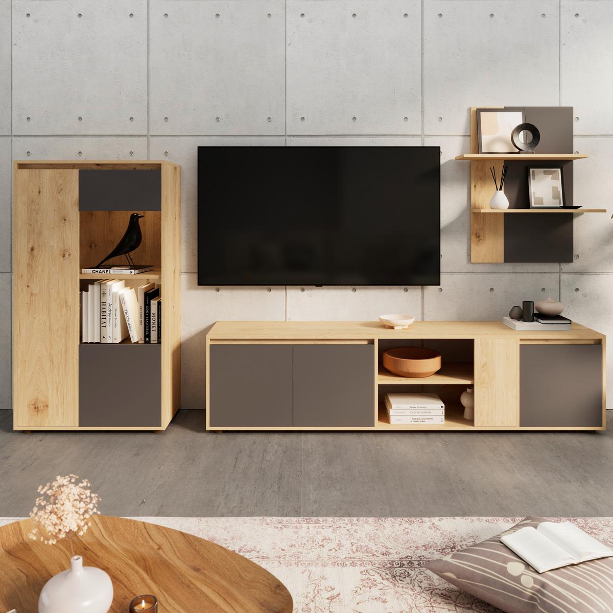 Ansamblu mobilier camera de zi CANEVA - stejar Artisan/antracit, Modern, sticlă/material pe bază de lemn (268/134/40,3cm) - Modern Living