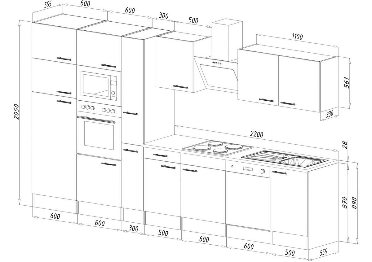 Küchenblock mit Geräten ca. 370 cm Weiß/Eichenfarbe - Eichefarben/Weiß, MODERN, Holzwerkstoff (370cm) - Respekta